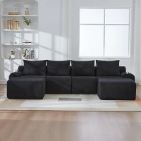 4-Seater Modular Cord Sofa with 2 Ottomans and Integrated Cup‑Holders, Corduroy Sectional Sofa for Living Rooms, 333L x 174W x 80H cm, Black(m-8)
