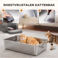 PawHut XXL Kattenbak van Roestvrij Staal 130L met 180° Klapdeksel, Hoge Wanden en Schep, 70 x 50 x 43 cm, Grijs(m-4)