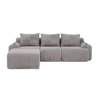 3-Seater Modular Sofa with Ottomans and Side Storage Pockets, Corduroy Sectional Sofa with Integrated Cup Holders, 268L x 174W x 80H cm, Light Gray(m-2)