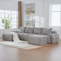 4-Seater Modular Cord Sofa with 2 Ottomans and Integrated Cup‑Holders, Corduroy Sectional Sofa for Living Rooms, 333L x 174W x 80H cm, Light Gray(m-1)