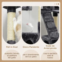 PawHut Albero Tiragraffi per Gatti con 3 Posatoi, 2 Casette e Giochi Appesi, in Legno e Peluche, Grigio Scuro(m-5)