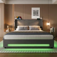 Modern Platform Bed with Hydraulic Lift System, Functional Bed Frame with Built-In Reading Lamps and USB Ports, 209L x 157W x 106H cm, Dark Gray(m-9)