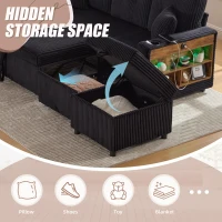 Multifunctional Corduroy Sofa Bed with Hidden Storage, LED-Lighted Guest Couch for Family Film Nights, 196L x 82W x 85H cm, Black(m-7)