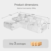Corduroy Sectional Sofa with Built-in Cup Holders and Side Storage Pockets, 3-Seater Modular Sofa with Ottomans, 268L x 174W x 80H cm, Black(m-3)