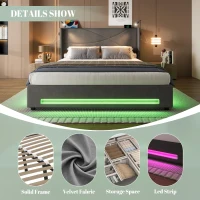 Modern Platform Bed with Hydraulic Lift System, Functional Bed Frame with Built-In Reading Lamps and USB Ports, 209L x 157W x 106H cm, Dark Gray(m-4)