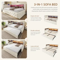 Velvet Pull-Out Sofa Bed Frame with Wooden Headboard Shelf, Convertible Daybed with Lift-Up Armrest Storage, 211L x 91W x 84H cm, Beige(m-4)