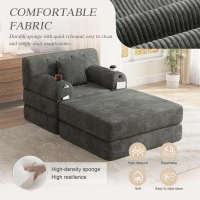 Corduroy Sleeper Chair with Ottoman and Metal Frame, Convertible 1-Seater Sofa Bed with High Backrest, 107L x 162W x 81H cm, Dark Gray(m-6)
