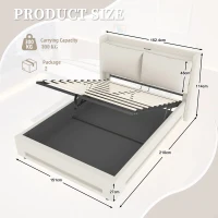 Practical Bed Frame with Built-in Shelf and Night Light, Hydraulic-Lift Platform Bed for Compact Bedrooms, 152.5L x 210W x 114H cm, Beige(m-3)