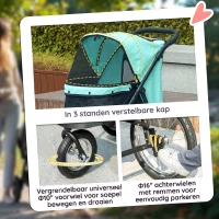 PawHut Hondenbuggy, huisdierenwagen voor kleine honden en katten, met opbergmand, één-klik-opvouwontwerp, Turquoise(m-6)