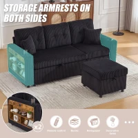 Multifunctional Corduroy Sofa Bed with Hidden Storage, LED-Lighted Guest Couch for Family Film Nights, 196L x 82W x 85H cm, Black(m-5)