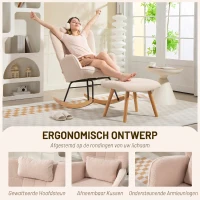 HOMCOM Schommelstoel met voetenbank, zachte fleece bekleding, houten poten, kussen, hoge rugleuning, schommelsalon, Beige(m-6)