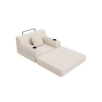 Convertible 1-Seater Sleeper Sofa with Tufted Corduroy Upholstery, Ideal Sofa Bed for Living Rooms and Small Spaces, 107L x 80W x 81H cm, Beige(m-11)