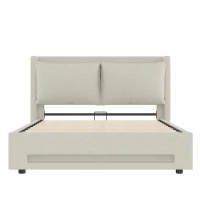 Practical Bed Frame with Built-in Shelf and Night Light, Hydraulic-Lift Platform Bed for Compact Bedrooms, 152.5L x 210W x 114H cm, Beige(m-2)