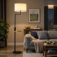 HOMCOM Lampada da Terra con Mensola Integrata in Bambù, Paralume in Tessuto Effetto Lino, Base in Acciaio, Nero e Beige(m-8)