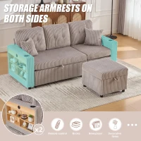 Multifunctional Corduroy Sofa Bed with Hidden Storage, LED-Lighted Guest Couch for Family Film Nights, 196L x 82W x 85H cm, Light Gray(m-4)