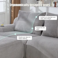 3-Seater Modular Sofa with Ottomans and Side Storage Pockets, Corduroy Sectional Sofa with Integrated Cup Holders, 268L x 174W x 80H cm, Light Gray(m-5)