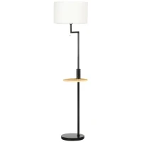 HOMCOM Lampada da Terra con Mensola Integrata in Bambù, Paralume in Tessuto Effetto Lino, Base in Acciaio, Nero e Beige(m-11)
