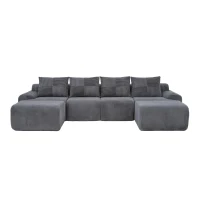 4-Seater Modular Cord Sofa with 2 Ottomans and Integrated Cup‑Holders, Corduroy Sectional Sofa for Living Rooms, 333L x 174W x 80H cm, Dark Gray(m-2)