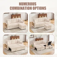 Multifunctional Corduroy Sofa Bed with Hidden Storage and Pull‑Out Bed, LED-Lighted Guest Couch with Wide Armrests, 196L x 82W x 85H cm, Beige(m-4)