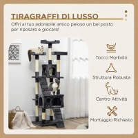 PawHut Albero Tiragraffi per Gatti con 3 Posatoi, 2 Casette e Giochi Appesi, in Legno e Peluche, Grigio Scuro(m-4)
