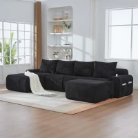 4-Seater Modular Cord Sofa with 2 Ottomans and Integrated Cup‑Holders, Corduroy Sectional Sofa for Living Rooms, 333L x 174W x 80H cm, Black(m-1)