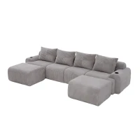 4-Seater Modular Cord Sofa with 2 Ottomans and Integrated Cup‑Holders, Corduroy Sectional Sofa for Living Rooms, 333L x 174W x 80H cm, Light Gray(m-12)
