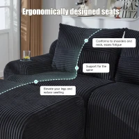 Corduroy Sectional Sofa with Built-in Cup Holders and Side Storage Pockets, 3-Seater Modular Sofa with Ottomans, 268L x 174W x 80H cm, Black(m-5)