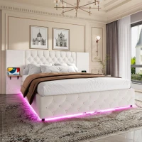 Spacious Platform Bed with Hydraulic Lift System, Modern Bed Frame with Wide Headboard and Tufting Button, 190L x 135W x 103H cm, Beige(m-1)