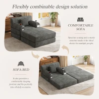 Corduroy Sleeper Chair with Ottoman and Metal Frame, Convertible 1-Seater Sofa Bed with High Backrest, 107L x 162W x 81H cm, Dark Gray(m-4)