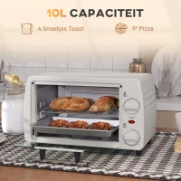 HOMCOM Mini-Oven Toaster, 1 Bakplaat, 1 Grillrooster, 10 L Capaciteit, Timerfunctie, 36,5 cm x 26 cm x 22 cm, Crèmewit(m-5)