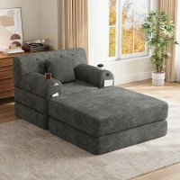 Corduroy Sleeper Chair with Ottoman and Metal Frame, Convertible 1-Seater Sofa Bed with High Backrest, 107L x 162W x 81H cm, Dark Gray(m-9)
