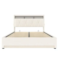 Functional Hydraulic Bed with Headboard Shelf, Stylish Platform Bed for Contemporary Bedrooms and Flats, 158L x 221W x 116.5H cm, Beige(m-2)