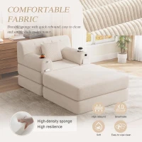 Corduroy Sleeper Chair with Ottoman and Metal Frame, Convertible 1-Seater Sofa Bed with High Backrest, 107L x 162W x 81H cm, Beige(m-5)