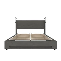 Modern Platform Bed with Hydraulic Lift System, Functional Bed Frame with Built-In Reading Lamps and USB Ports, 209L x 157W x 106H cm, Dark Gray(m-2)