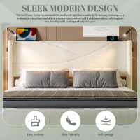 Modern Platform Bed with Hydraulic Lift System, Functional Bed Frame with Built-In Reading Lamps and USB Ports, 199L x 142W x 106H cm, Beige(m-7)