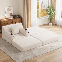 Corduroy Sleeper Chair with Ottoman and Metal Frame, Convertible 1-Seater Sofa Bed with High Backrest, 107L x 162W x 81H cm, Beige(m-1)