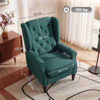 HOMCOM Elegante oorfauteuil, dik gewatteerd, afneembare bekleding, 74 x 86 x 102 cm, Donkergroen(m-3)
