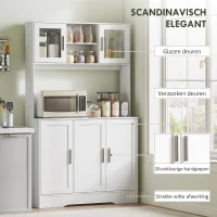 HOMCOM Keukenkast, Scandinavisch Design, 4 Kasten, Verstelbare Planken, Glazen Deuren, Open Vak, Spaanplaat, MDF, Wit(m-6)