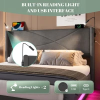 Modern Platform Bed with Hydraulic Lift System, Functional Bed Frame with Built-In Reading Lamps and USB Ports, 209L x 157W x 106H cm, Dark Gray(m-6)