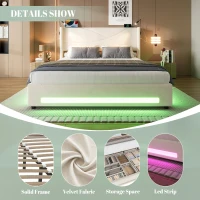 Modern Platform Bed with Hydraulic Lift System, Functional Bed Frame with Built-In Reading Lamps and USB Ports, 209L x 157W x 106H cm, Beige(m-4)