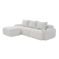 Corduroy Sectional Sofa with Built-in Cup Holders and Side Storage Pockets, 3-Seater Modular Sofa with Ottomans, 268L x 174W x 80H cm, Beige(m-15)