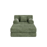 Corduroy Sleeper Chair with Ottoman and Metal Frame, Convertible 1-Seater Sofa Bed with High Backrest, 107L x 162W x 81H cm, Green(m-2)