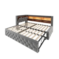 Velvet Pull-Out Sofa Bed Frame with Wooden Headboard Shelf, Convertible Daybed for Living Rooms and Studio Flats, 211L x 91W x 84H cm, Dark Gray(m-10)