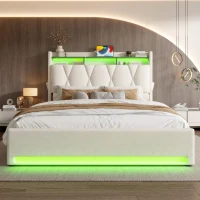 Practical Padded Bed with Hydraulic Storage, Stylish Platform Bed for Modern Bedrooms and Organized Living, 143L x 211W x 116.5H cm, Beige(m-9)
