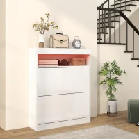 HOMCOM Móvel Sapateira de Entrada com Luzes LED Prateleira Aberta e 2 Gavetas Basculantes para 12-16 Pares 80x24x99,5 cm Branco Brilhante(m-8)