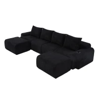 4-Seater Modular Cord Sofa with 2 Ottomans and Integrated Cup‑Holders, Corduroy Sectional Sofa for Living Rooms, 333L x 174W x 80H cm, Black(m-14)