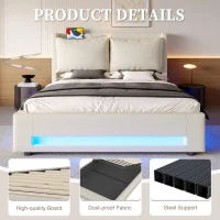 Practical Bed Frame with Built-in Shelf and Night Light, Hydraulic-Lift Platform Bed for Compact Bedrooms, 152.5L x 210W x 114H cm, Beige(m-4)