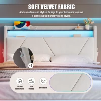 Space-Saving Upholstered Bed with Under-Bed Storage, Modern Bed Frame with Soft Velvet Fabric, 159L x 221W x 115.5H cm, Beige(m-7)