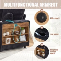 Multifunctional Corduroy Sofa Bed with Hidden Storage, LED-Lighted Guest Couch for Family Film Nights, 196L x 82W x 85H cm, Black(m-6)