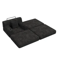 Corduroy Sleeper Chair with Ottoman and Metal Frame, Convertible 1-Seater Sofa Bed with High Backrest, 107L x 162W x 81H cm, Black(m-11)